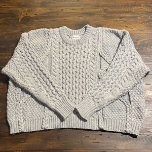 &merci Light Gray Cable Knit Crewneck Oversized Cropped Sweater